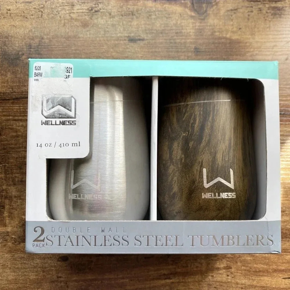 NIB Wellness 2 pk Stainless Steel Tumblers Double Wall 14 oz Silver & Wood Grain